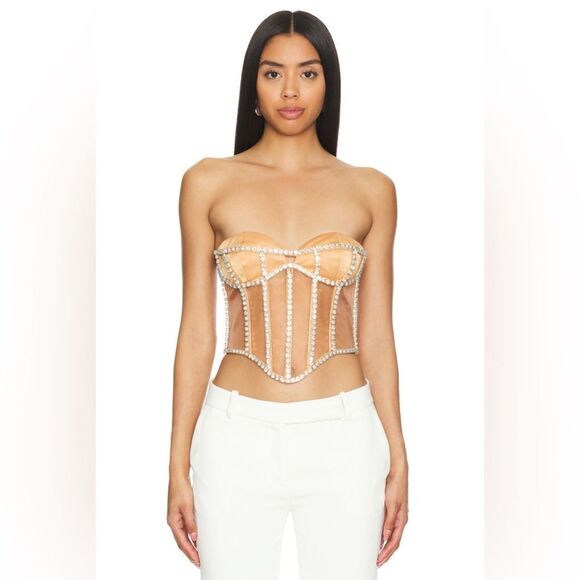 CAMILA COELHO South Beach Corset Tan Bustier Sheer Rhinestone M - Picture 1 of 6